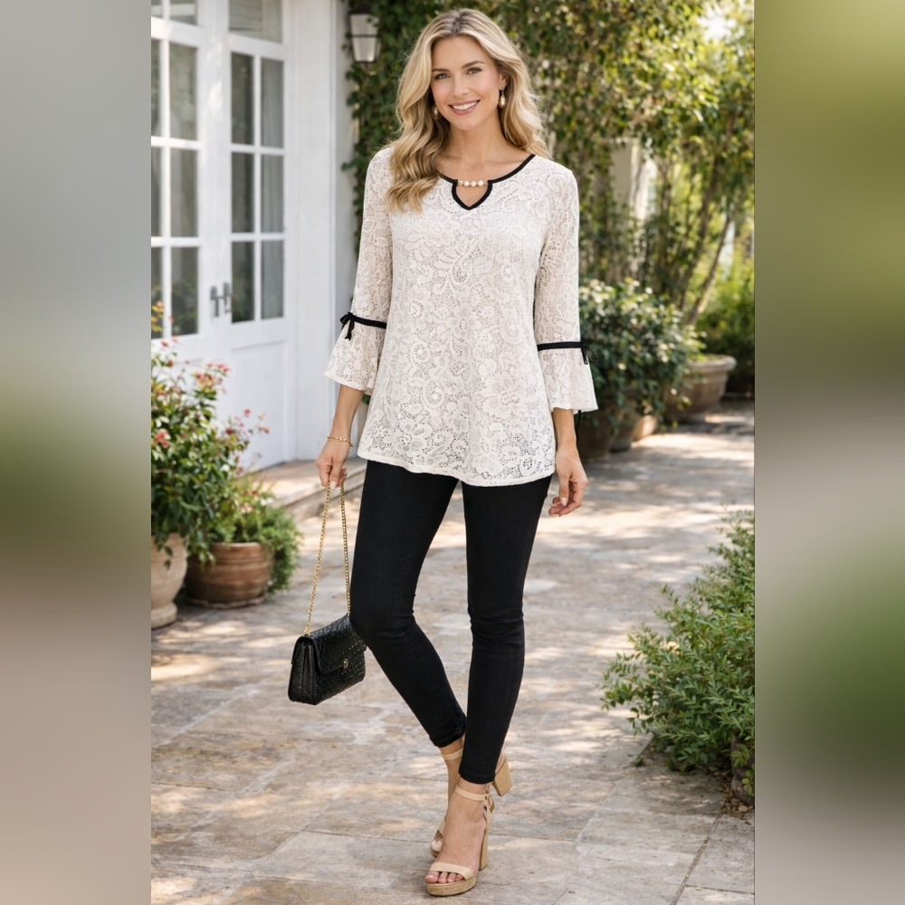 Onyx Apparel 3X White Floral Lace Blouse Pearl Trim Black Bow Romantic Chic